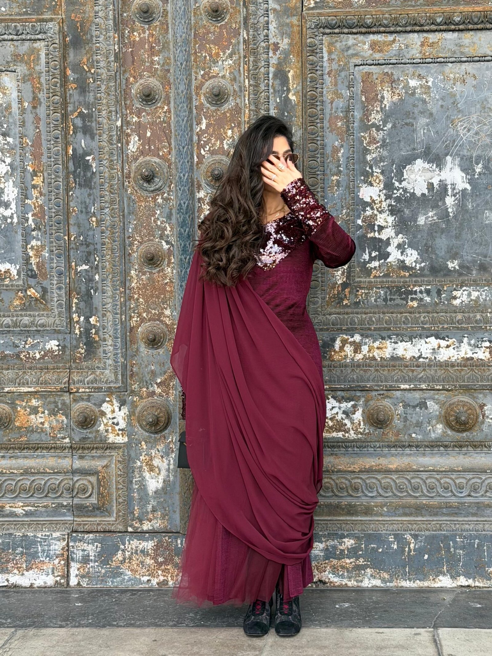 كفتان عنابي مخمل بتور و شيفون_3